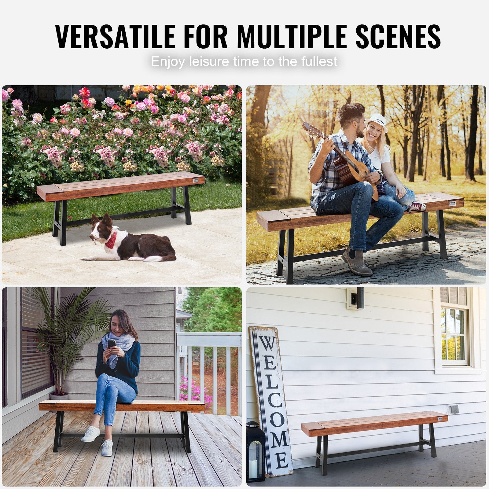 VEVOR Outdoor Bench, 63 inches Wood Garden Bench with Metal Leg for Outdoors, 500 lbs Load Capacity Bench, Outdoor Garden Park Bench, Dining Bench Patio Bench for Garden, Park, Yard, Front Porch 