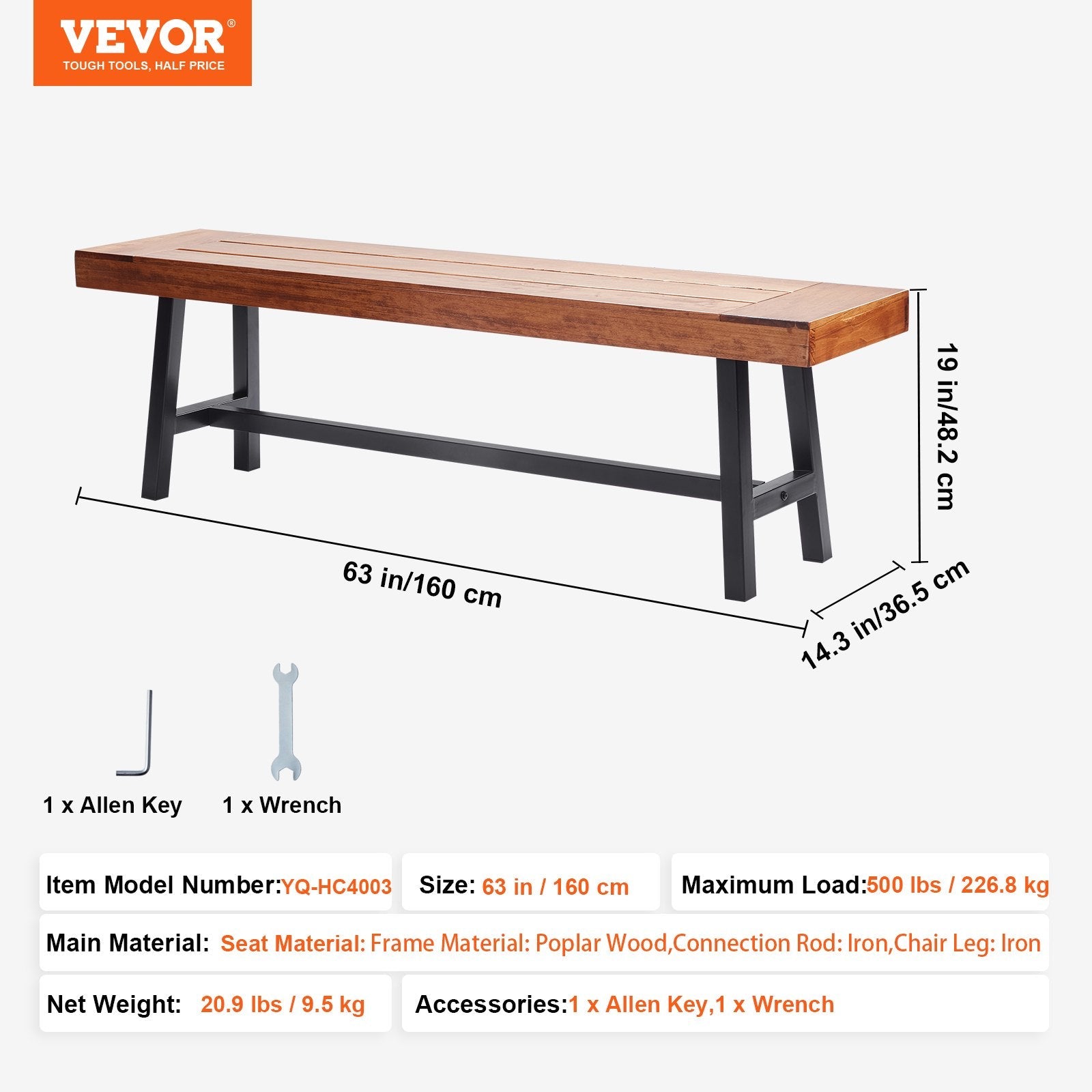 VEVOR Outdoor Bench, 63 inches Wood Garden Bench with Metal Leg for Outdoors, 500 lbs Load Capacity Bench, Outdoor Garden Park Bench, Dining Bench Patio Bench for Garden, Park, Yard, Front Porch 