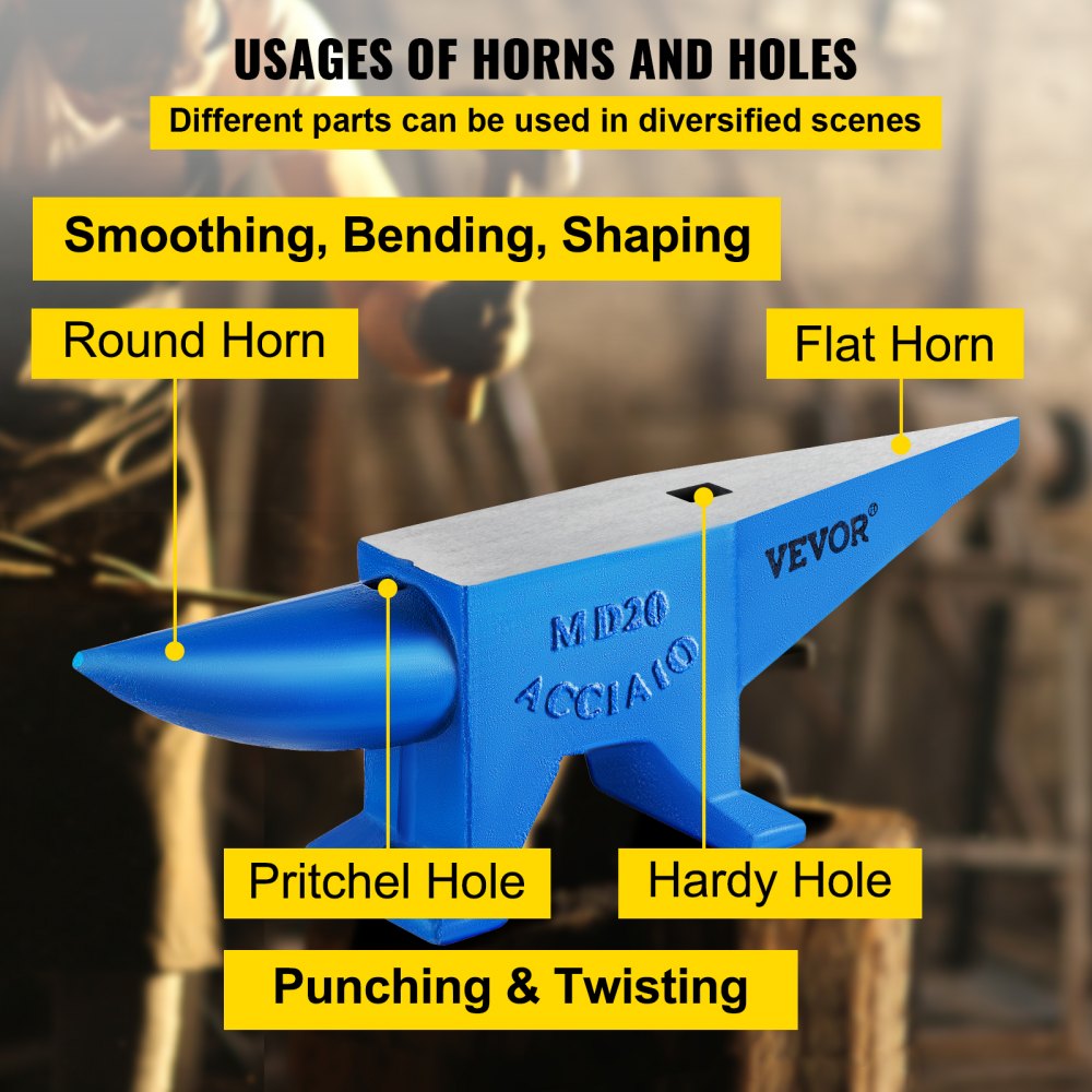 VEVOR Single Horn Anvil 44Lbs Steel Anvil Blacksmith for Sale Forge Tools and Equipment Anvil Rugged Round and Square Hole Horn Anvil Blacksmith Jewelers Metalsmith Blacksmith Tool 