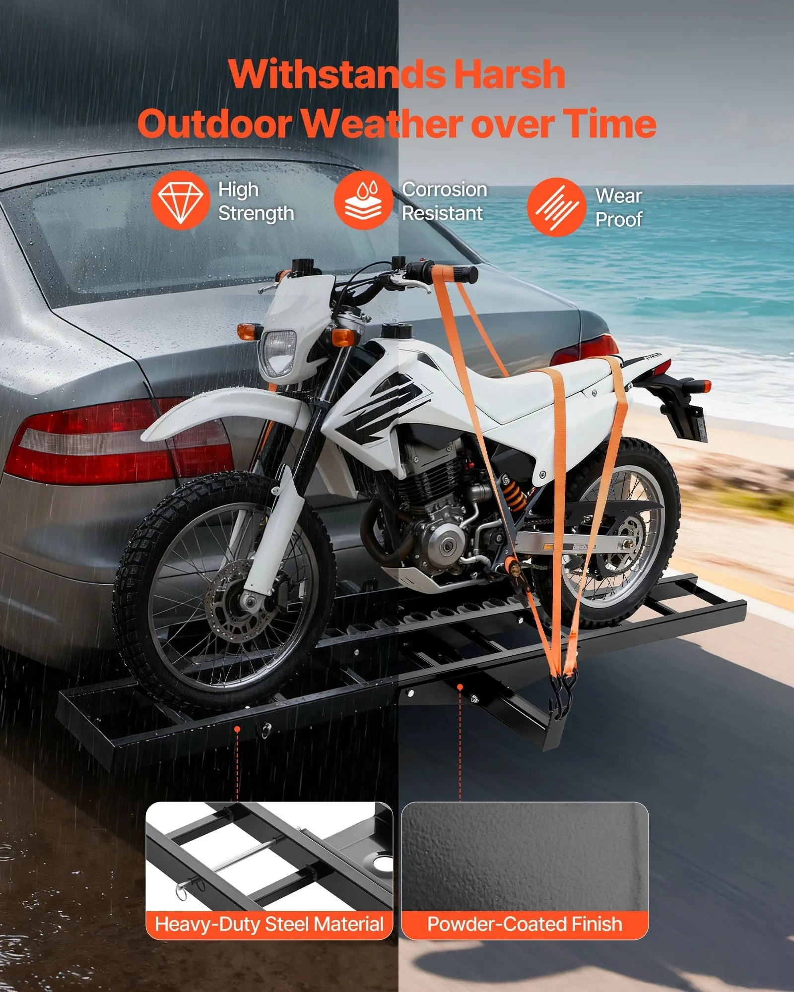 VEVOR Motorcycle Carrier, 500 lbs Capacity, Heavy Duty Steel Hitch Mount Rack with 47in Ramp, Ratchet Straps & Stabilizer, Scooter Dirt Bike Trailer Hauler for Car Truck with 2-Inch Hitch Receiver 