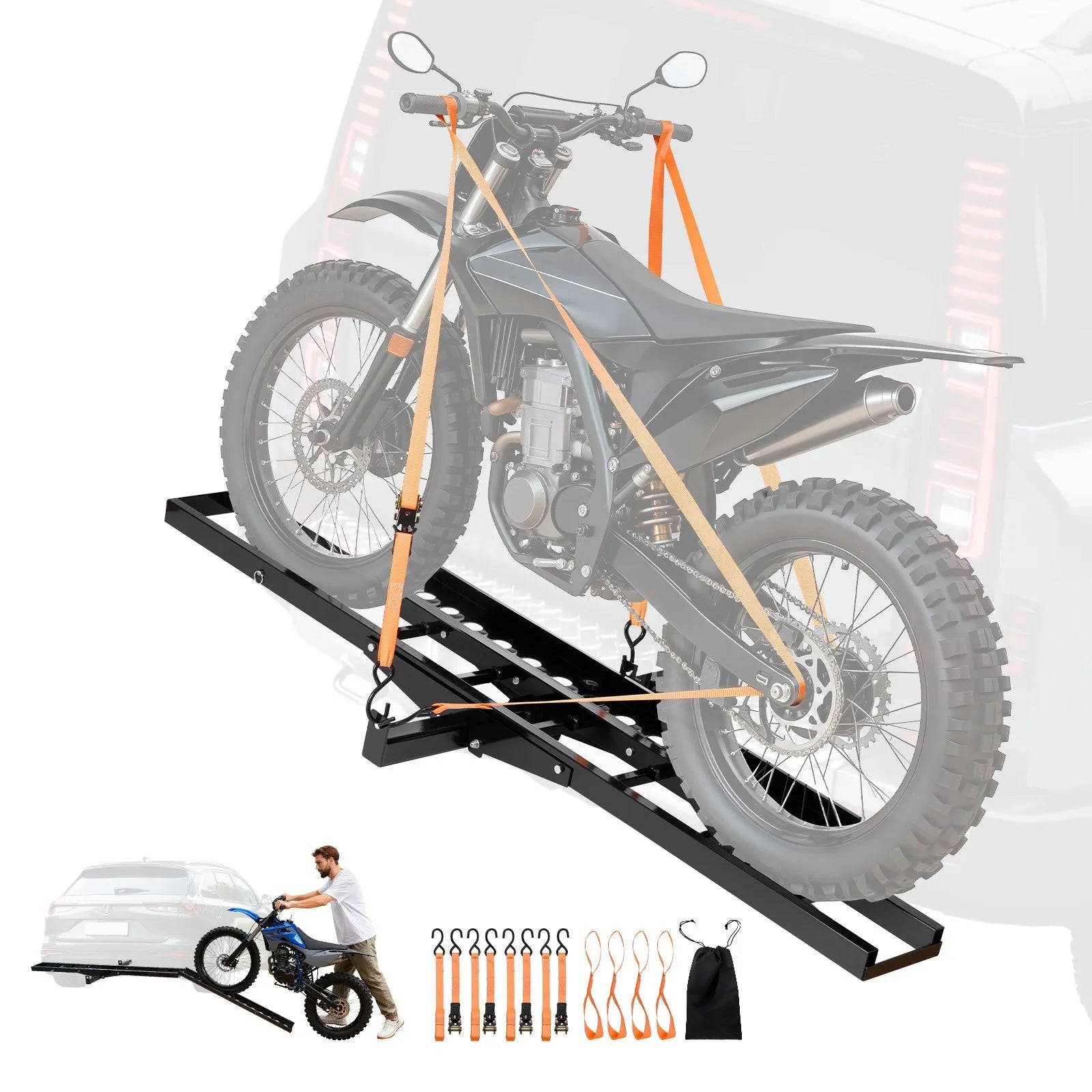 VEVOR Motorcycle Carrier, 500 lbs Capacity, Heavy Duty Steel Hitch Mount Rack with 47in Ramp, Ratchet Straps & Stabilizer, Scooter Dirt Bike Trailer Hauler for Car Truck with 2-Inch Hitch Receiver 