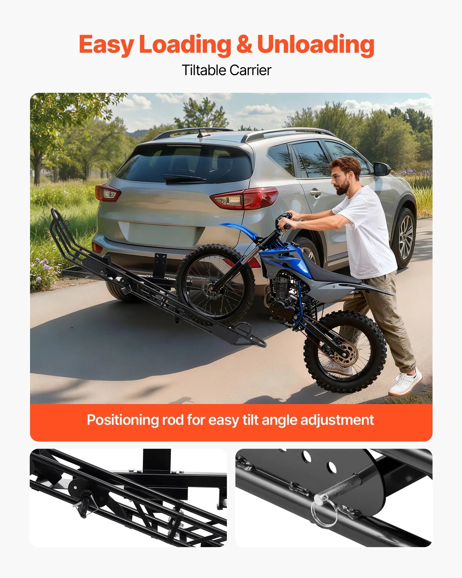 VEVOR Motorcycle Carrier, 500 lbs Capacity, Heavy Duty Steel Hitch Mount Rack with Anti-Tilt Lock Device, Straps & Stabilizer, Scooter Dirt Bike Trailer Hauler for Car Truck with 2-Inch Hitch Receiver 