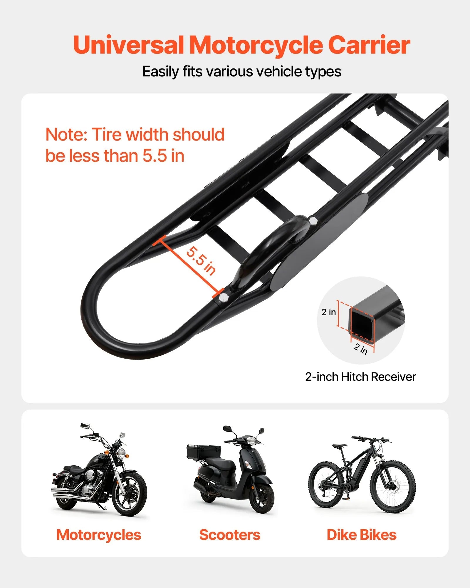 VEVOR Motorcycle Carrier, 500 lbs Capacity, Heavy Duty Steel Hitch Mount Rack with Anti-Tilt Lock Device, Straps & Stabilizer, Scooter Dirt Bike Trailer Hauler for Car Truck with 2-Inch Hitch Receiver 