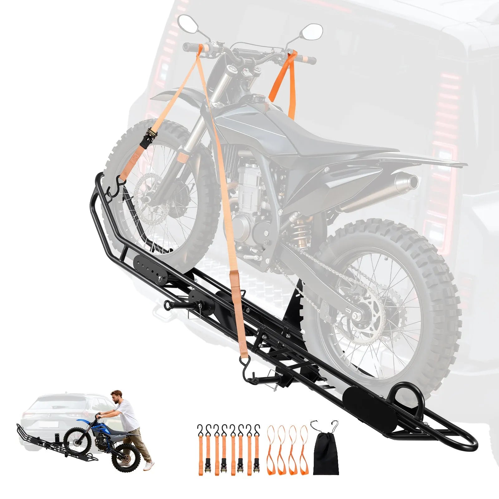 VEVOR Motorcycle Carrier, 500 lbs Capacity, Heavy Duty Steel Hitch Mount Rack with Anti-Tilt Lock Device, Straps & Stabilizer, Scooter Dirt Bike Trailer Hauler for Car Truck with 2-Inch Hitch Receiver 