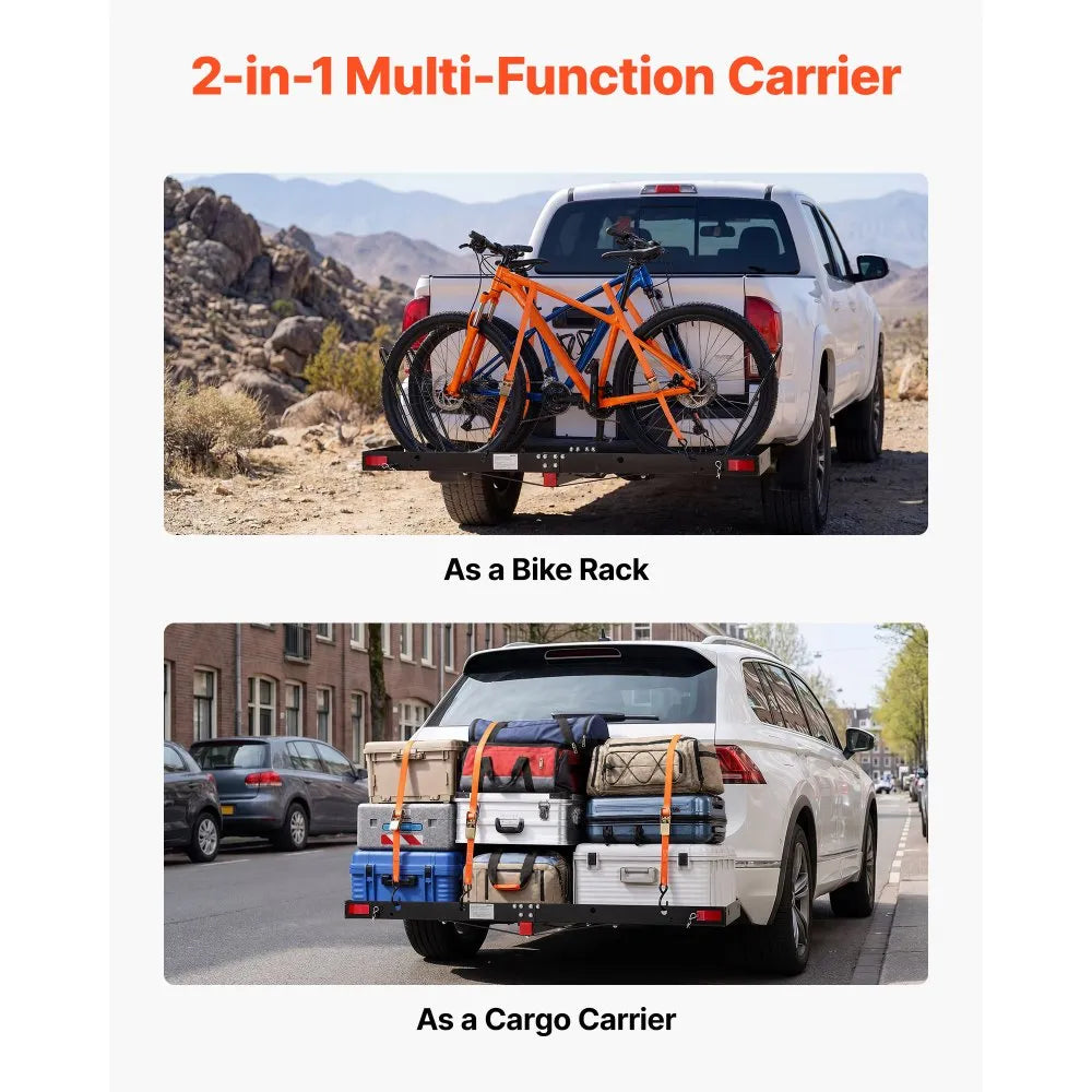 VEVOR 2-in-1 Hitch Cargo Carrier with Bike Rack – 62" x 20" Hitch Mount Cargo Basket, Holds 2 Bikes, 500 lb Capacity