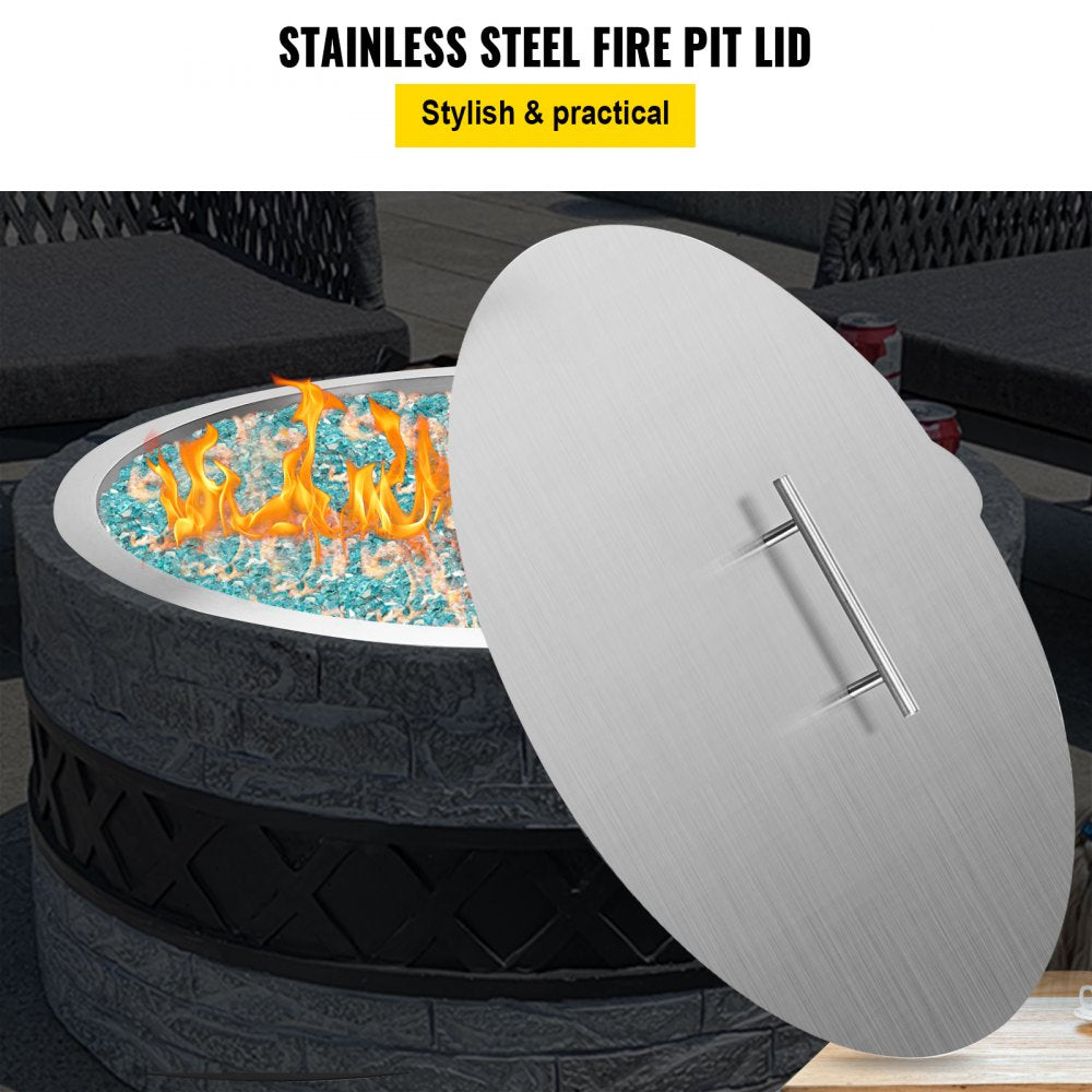 VEVOR Fire Pit Lid 20 Inch Round Fire Ring Lid Cover 1.5mm Thick 430 Stainless Steel Burner Pan Cover for Patio Fire Pit Pan 