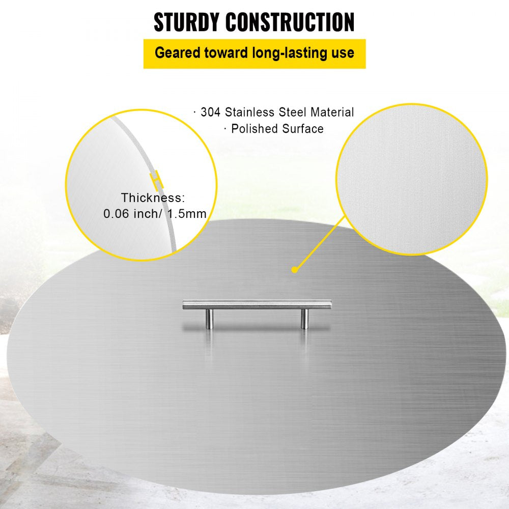 VEVOR Fire Pit Lid 20 Inch Round Fire Ring Lid Cover 1.5mm Thick 430 Stainless Steel Burner Pan Cover for Patio Fire Pit Pan 