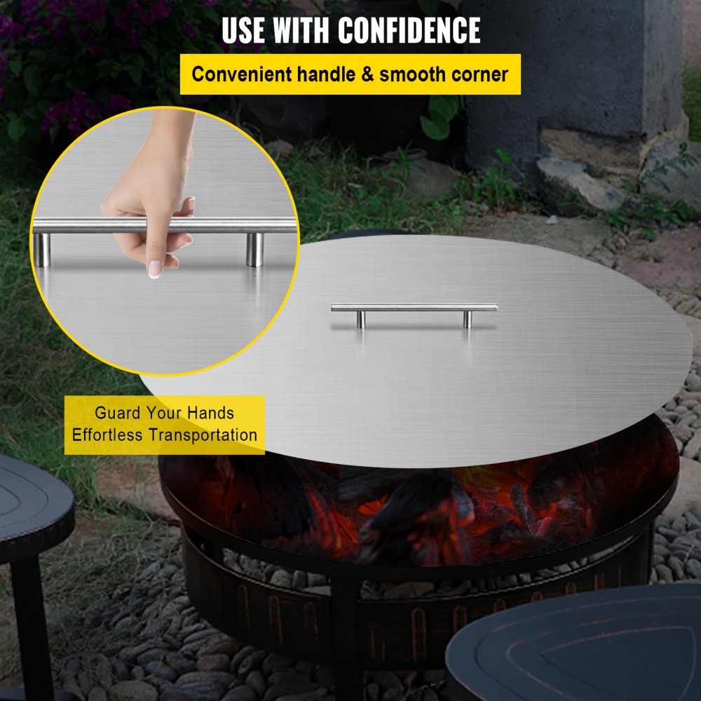 VEVOR Fire Pit Lid 20 Inch Round Fire Ring Lid Cover 1.5mm Thick 430 Stainless Steel Burner Pan Cover for Patio Fire Pit Pan 