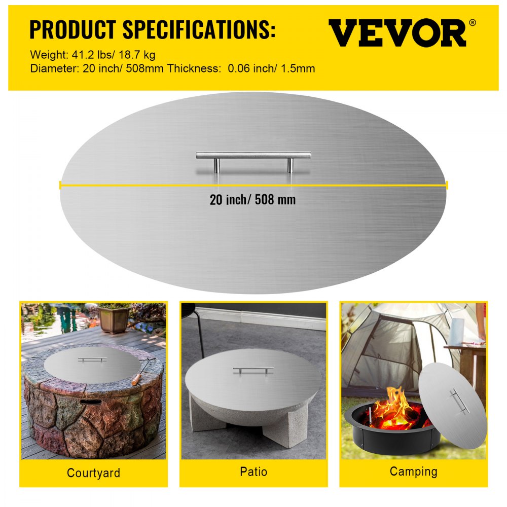 VEVOR Fire Pit Lid 20 Inch Round Fire Ring Lid Cover 1.5mm Thick 430 Stainless Steel Burner Pan Cover for Patio Fire Pit Pan 