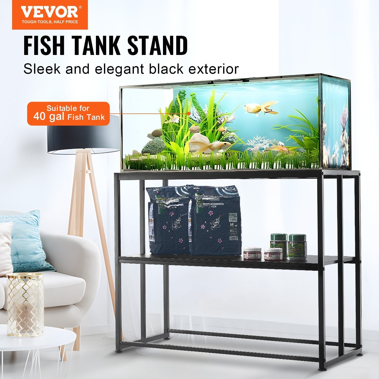 VEVOR Aquarium Stand, 40 Gallon Fish Tank Stand, 36.5 x 18.5 x 29.5 in Steel Turtle Tank Stand, 335 lbs Load Capacity, Reptile Tank Stand with Storage, Hardware Kit, and Non-slip Feet, Black 