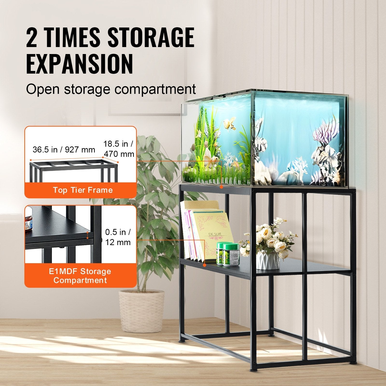 VEVOR Aquarium Stand, 40 Gallon Fish Tank Stand, 36.5 x 18.5 x 29.5 in Steel Turtle Tank Stand, 335 lbs Load Capacity, Reptile Tank Stand with Storage, Hardware Kit, and Non-slip Feet, Black 