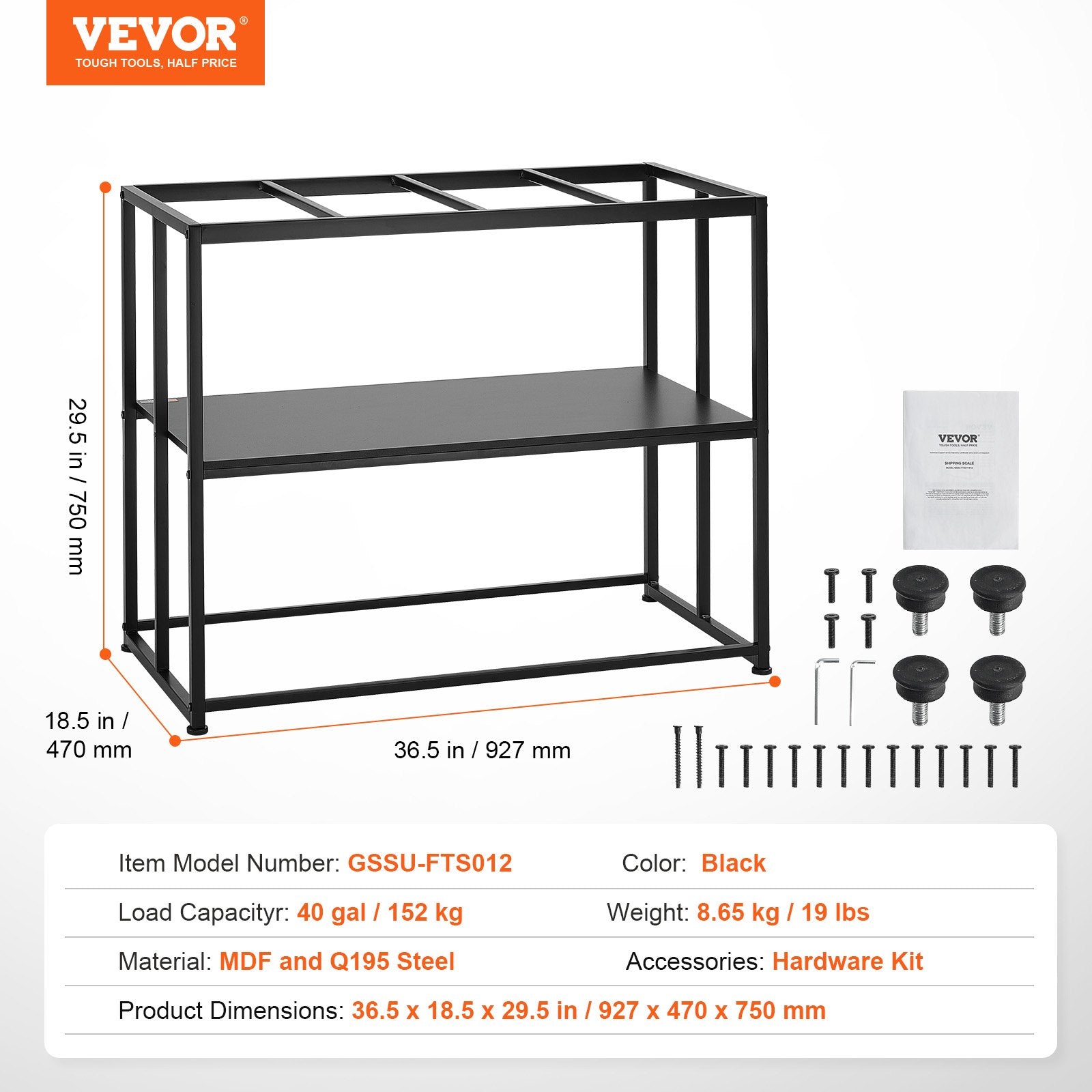 VEVOR Aquarium Stand, 40 Gallon Fish Tank Stand, 36.5 x 18.5 x 29.5 in Steel Turtle Tank Stand, 335 lbs Load Capacity, Reptile Tank Stand with Storage, Hardware Kit, and Non-slip Feet, Black 