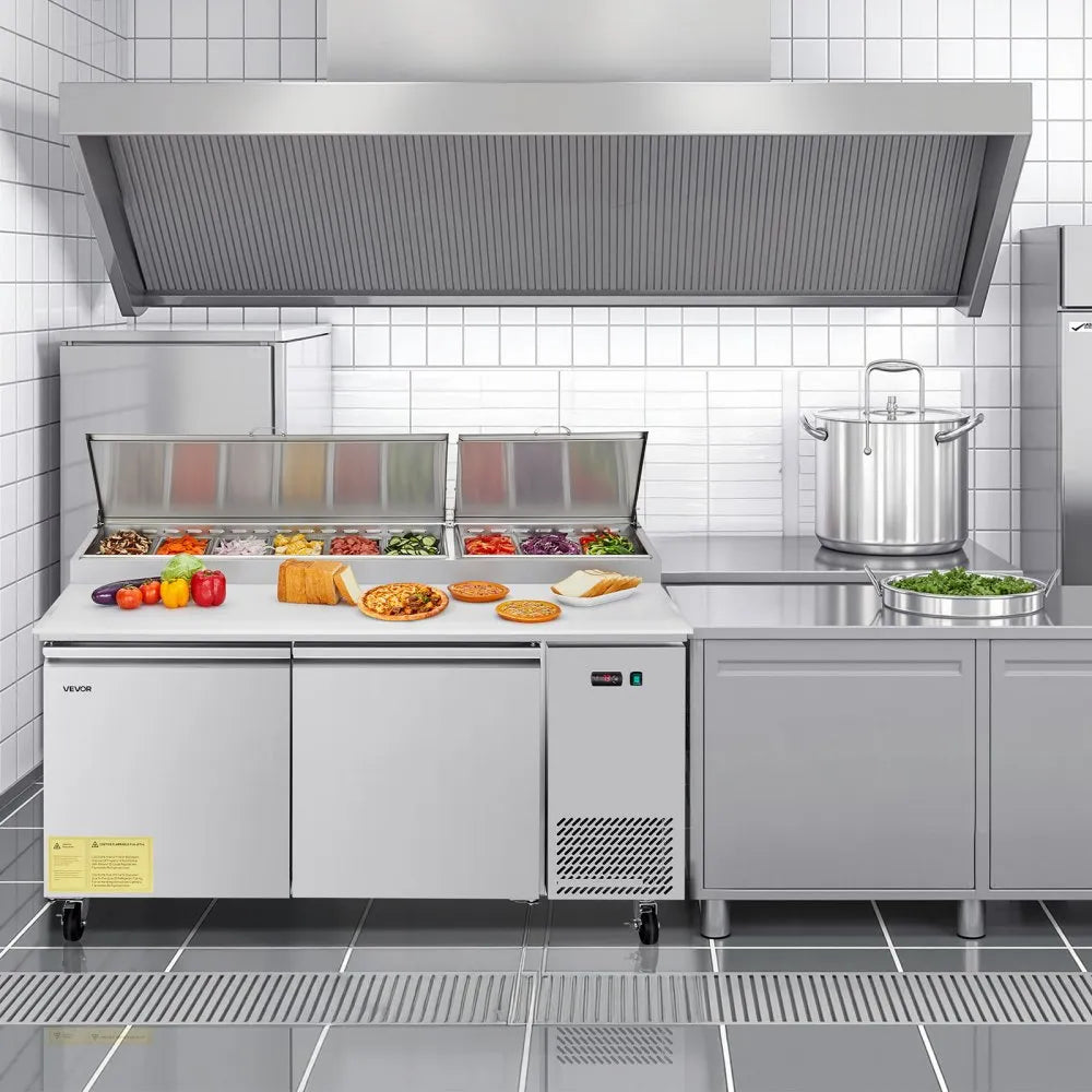 VEVOR 67"W Commercial Refrigerator, Pizza Prep Refrigerated Table, 20" Ultra Wide Countertop Food Prep Worktable, 20.3 Cu.Ft Single Door Salad Prep Fridge, 9 Pans Pizza Make Worktop with Cutting Board 