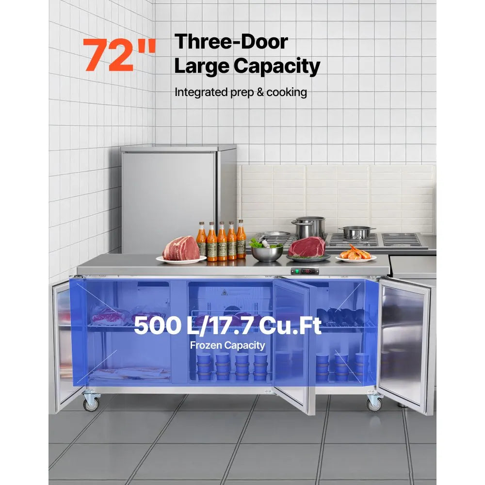 VEVOR 72" W Commercial Freezer, 17.7 Cu.Ft Worktop Freezers Undercounter with LED Auto Lighting and Lockable Door, 3 Doors Food Freezing Prep Worktable, Stainless Steel Prep Frozen Table with Casters 