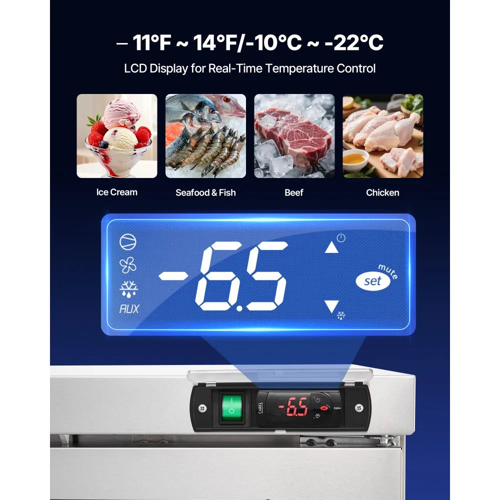 VEVOR 72" W Commercial Freezer, 17.7 Cu.Ft Worktop Freezers Undercounter with LED Auto Lighting and Lockable Door, 3 Doors Food Freezing Prep Worktable, Stainless Steel Prep Frozen Table with Casters 