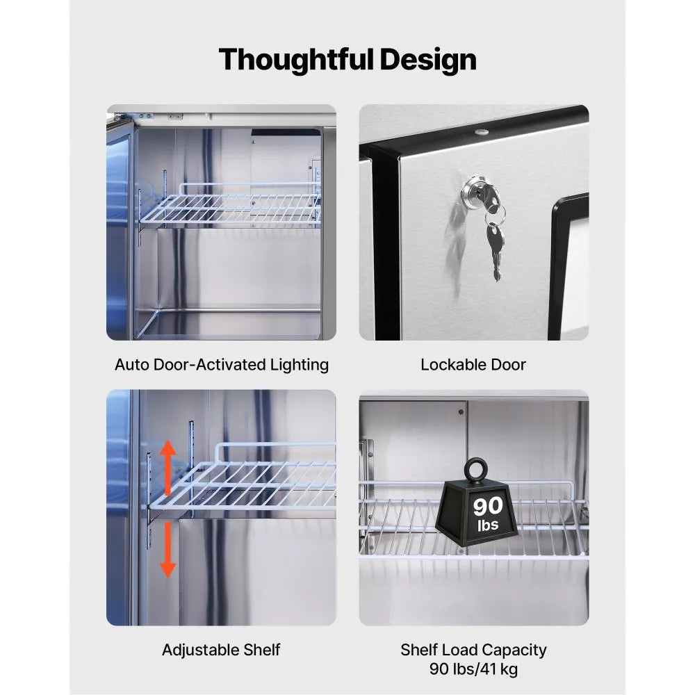 VEVOR 72" W Commercial Freezer, 17.7 Cu.Ft Worktop Freezers Undercounter with LED Auto Lighting and Lockable Door, 3 Doors Food Freezing Prep Worktable, Stainless Steel Prep Frozen Table with Casters 