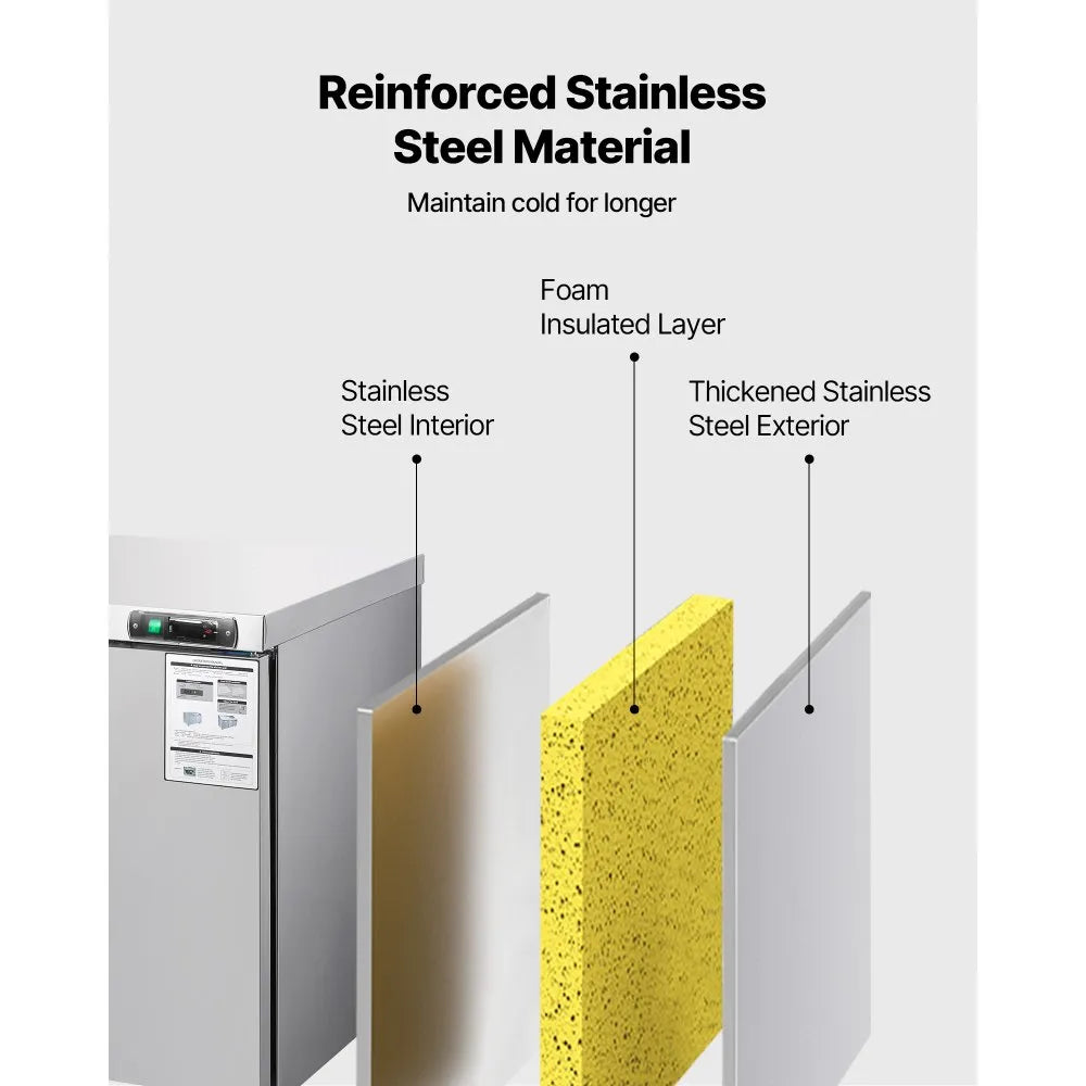 VEVOR 72" W Commercial Freezer, 17.7 Cu.Ft Worktop Freezers Undercounter with LED Auto Lighting and Lockable Door, 3 Doors Food Freezing Prep Worktable, Stainless Steel Prep Frozen Table with Casters 