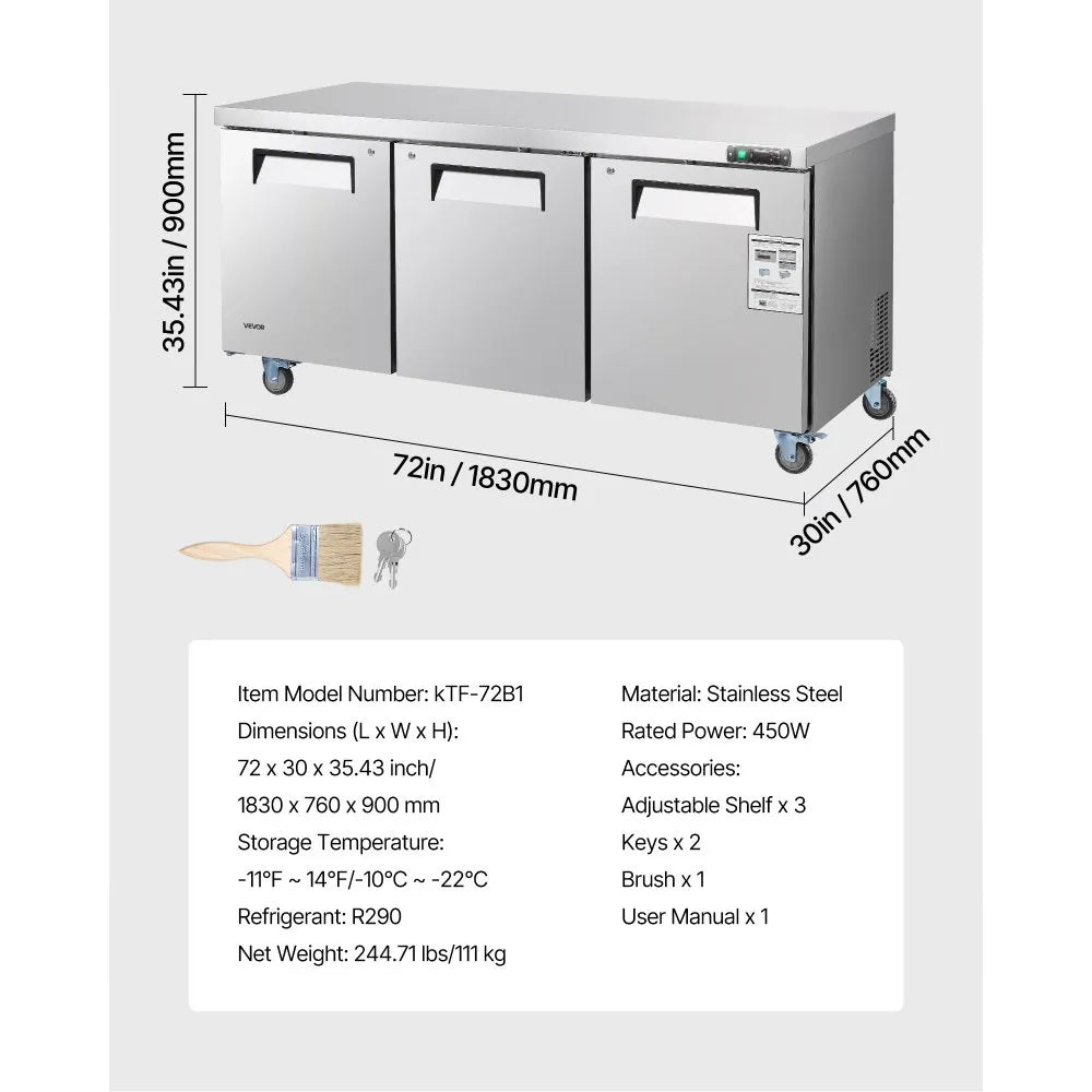 VEVOR 72" W Commercial Freezer, 17.7 Cu.Ft Worktop Freezers Undercounter with LED Auto Lighting and Lockable Door, 3 Doors Food Freezing Prep Worktable, Stainless Steel Prep Frozen Table with Casters 