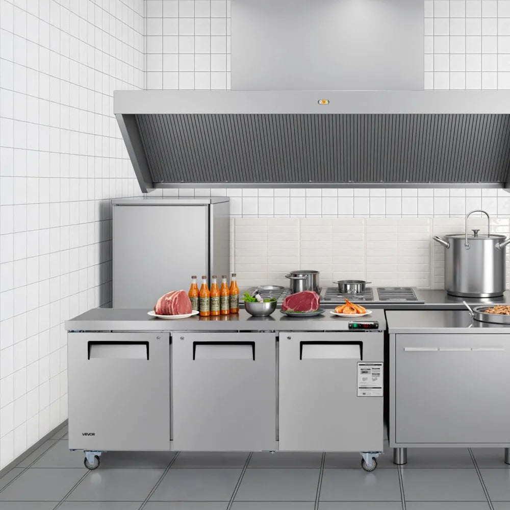 VEVOR 72" W Commercial Freezer, 17.7 Cu.Ft Worktop Freezers Undercounter with LED Auto Lighting and Lockable Door, 3 Doors Food Freezing Prep Worktable, Stainless Steel Prep Frozen Table with Casters 