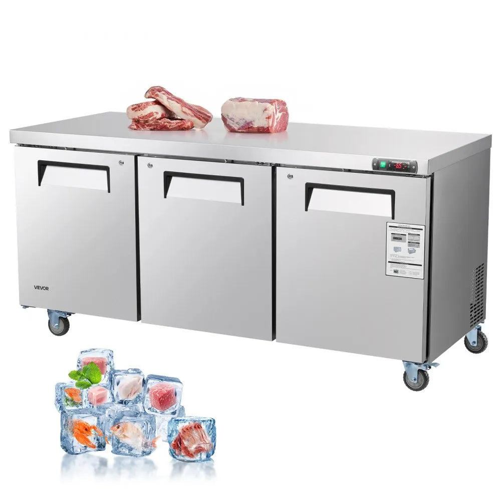 VEVOR 72" W Commercial Freezer, 17.7 Cu.Ft Worktop Freezers Undercounter with LED Auto Lighting and Lockable Door, 3 Doors Food Freezing Prep Worktable, Stainless Steel Prep Frozen Table with Casters 