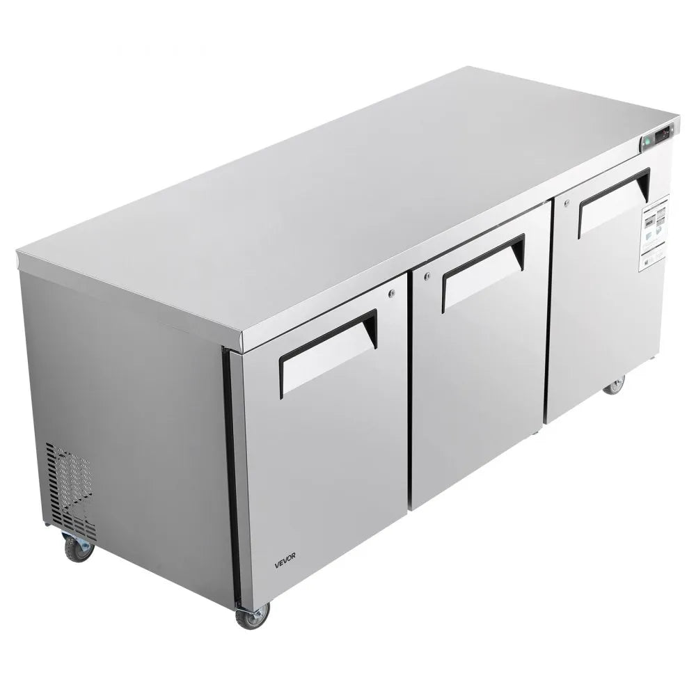 VEVOR 72" W Commercial Freezer, 17.7 Cu.Ft Worktop Freezers Undercounter with LED Auto Lighting and Lockable Door, 3 Doors Food Freezing Prep Worktable, Stainless Steel Prep Frozen Table with Casters 