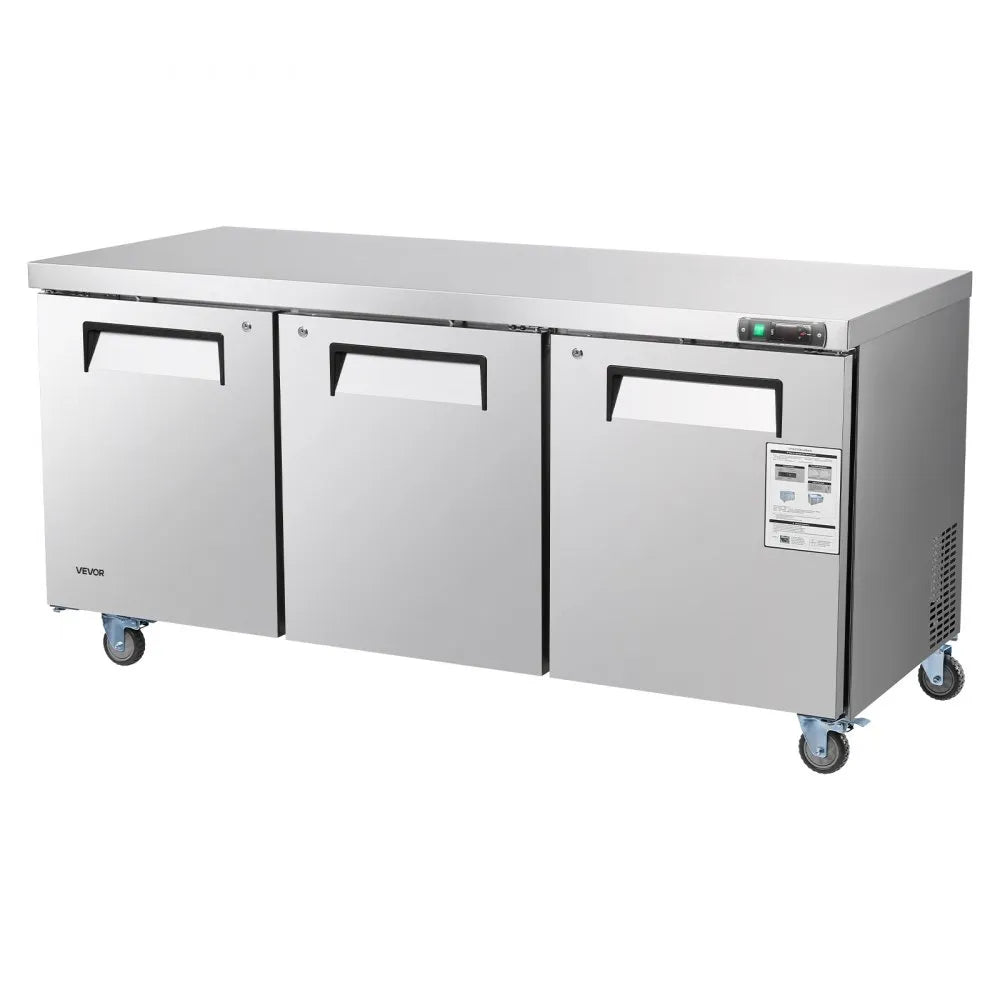 VEVOR 72" W Commercial Freezer, 17.7 Cu.Ft Worktop Freezers Undercounter with LED Auto Lighting and Lockable Door, 3 Doors Food Freezing Prep Worktable, Stainless Steel Prep Frozen Table with Casters 