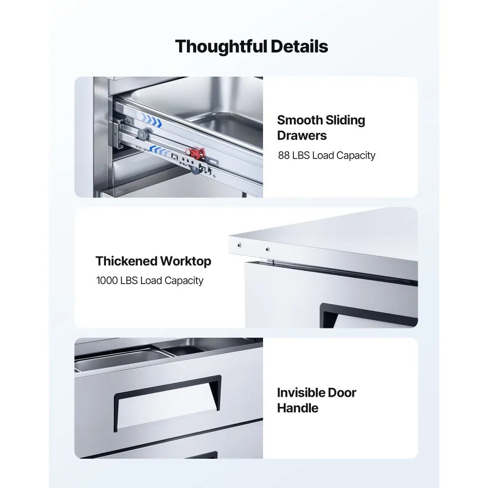 VEVOR Chef Base Refrigerator, 72" W Commercial Chef Bases Worktop Refrigerators, 4-Drawer Under Counter Fridge with 12 Pans Stainless Steel, Heavy-Duty Refrigerated Base, Invisible Door Handle 
