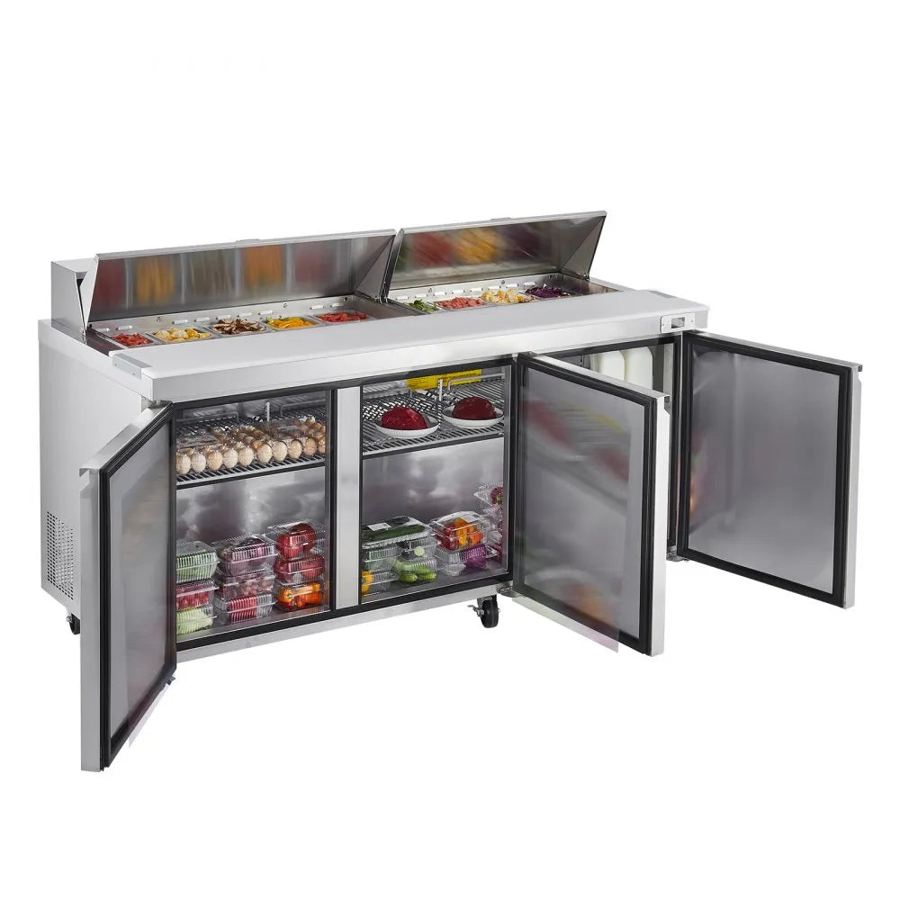 VEVOR 72"W Commercial Refrigerator, 18.7 Cu. Ft Sandwich Prep Refrigerated Table, Mega Top Food Prep Fridge with 18 Pans and Cutting Board, Stainless Steel Salad Prep Cooler for Restaurant, Food Truck 