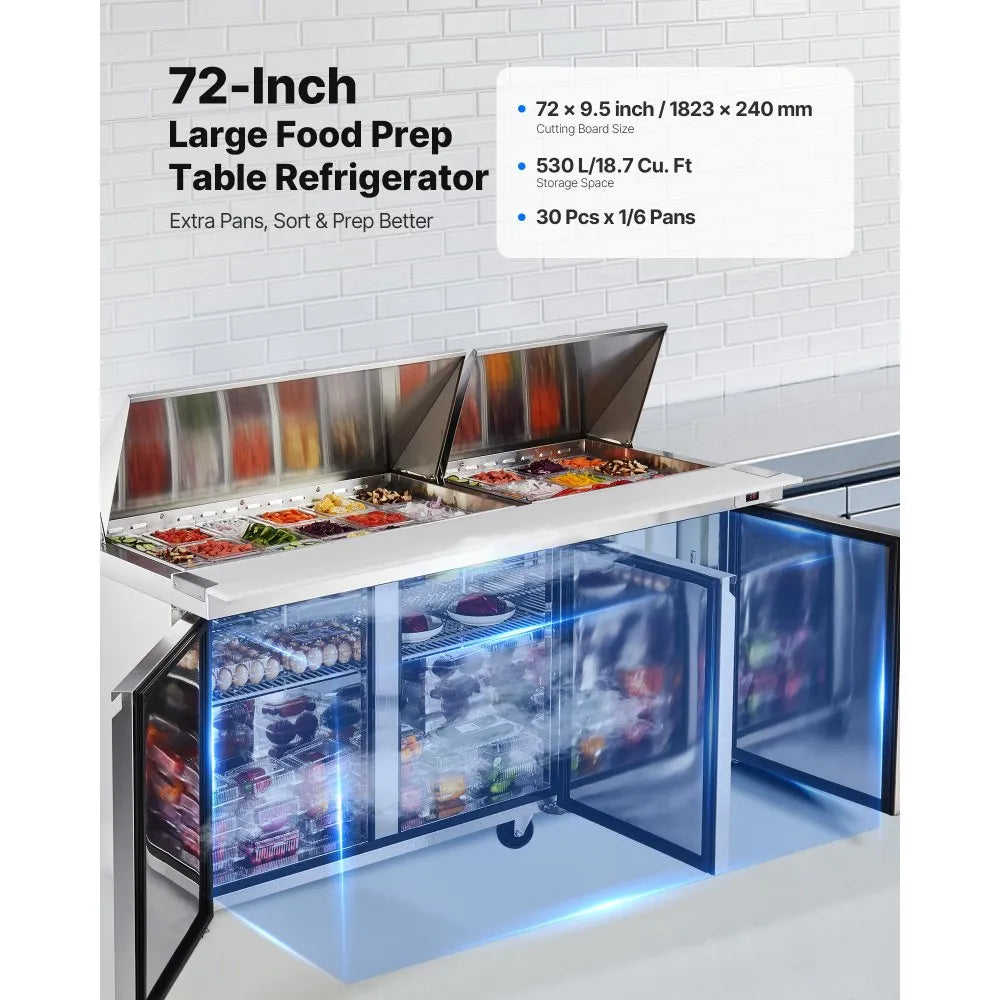 VEVOR 72"W Commercial Refrigerator, 18.7 Cu. Ft Sandwich Prep Refrigerated Table, Mega Top Food Prep Fridge with 30 Pans and Cutting Board, Stainless Steel Salad Prep Cooler for Restaurant, Food Truck 