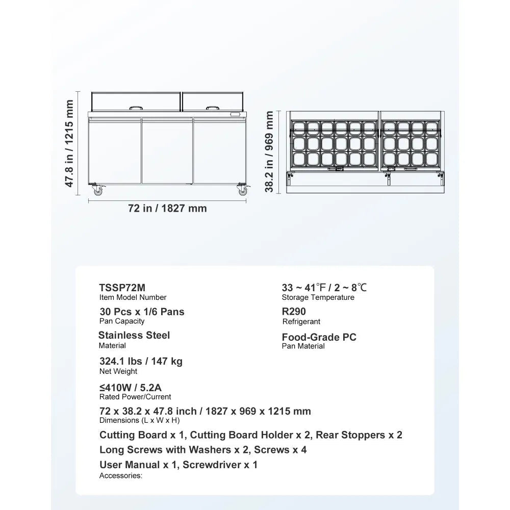 VEVOR 72"W Commercial Refrigerator, 18.7 Cu. Ft Sandwich Prep Refrigerated Table, Mega Top Food Prep Fridge with 30 Pans and Cutting Board, Stainless Steel Salad Prep Cooler for Restaurant, Food Truck 
