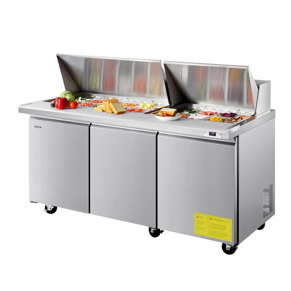 VEVOR 72"W Commercial Refrigerator, 18.7 Cu. Ft Sandwich Prep Refrigerated Table, Mega Top Food Prep Fridge with 30 Pans and Cutting Board, Stainless Steel Salad Prep Cooler for Restaurant, Food Truck 