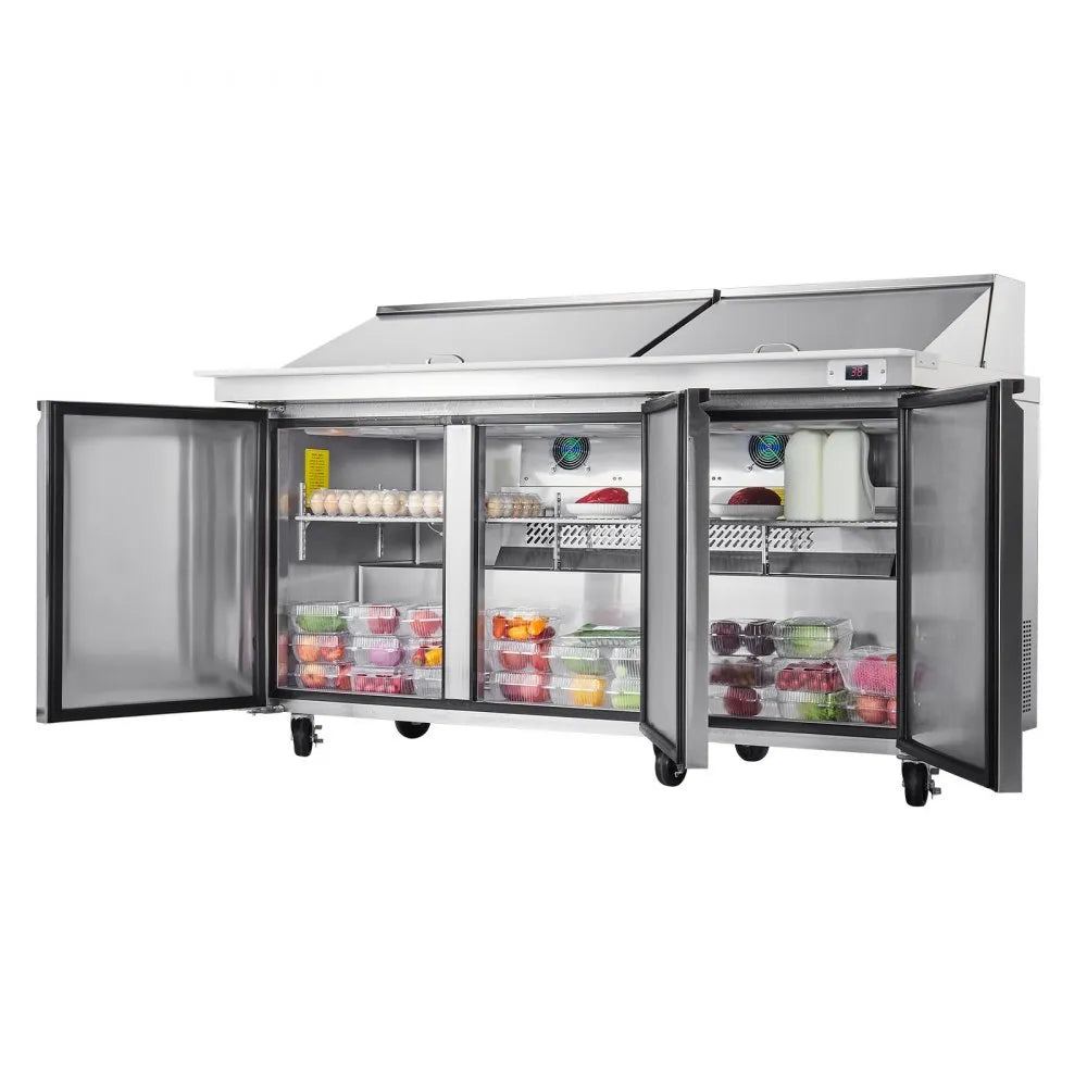 VEVOR 72"W Commercial Refrigerator, 18.7 Cu. Ft Sandwich Prep Refrigerated Table, Mega Top Food Prep Fridge with 30 Pans and Cutting Board, Stainless Steel Salad Prep Cooler for Restaurant, Food Truck 