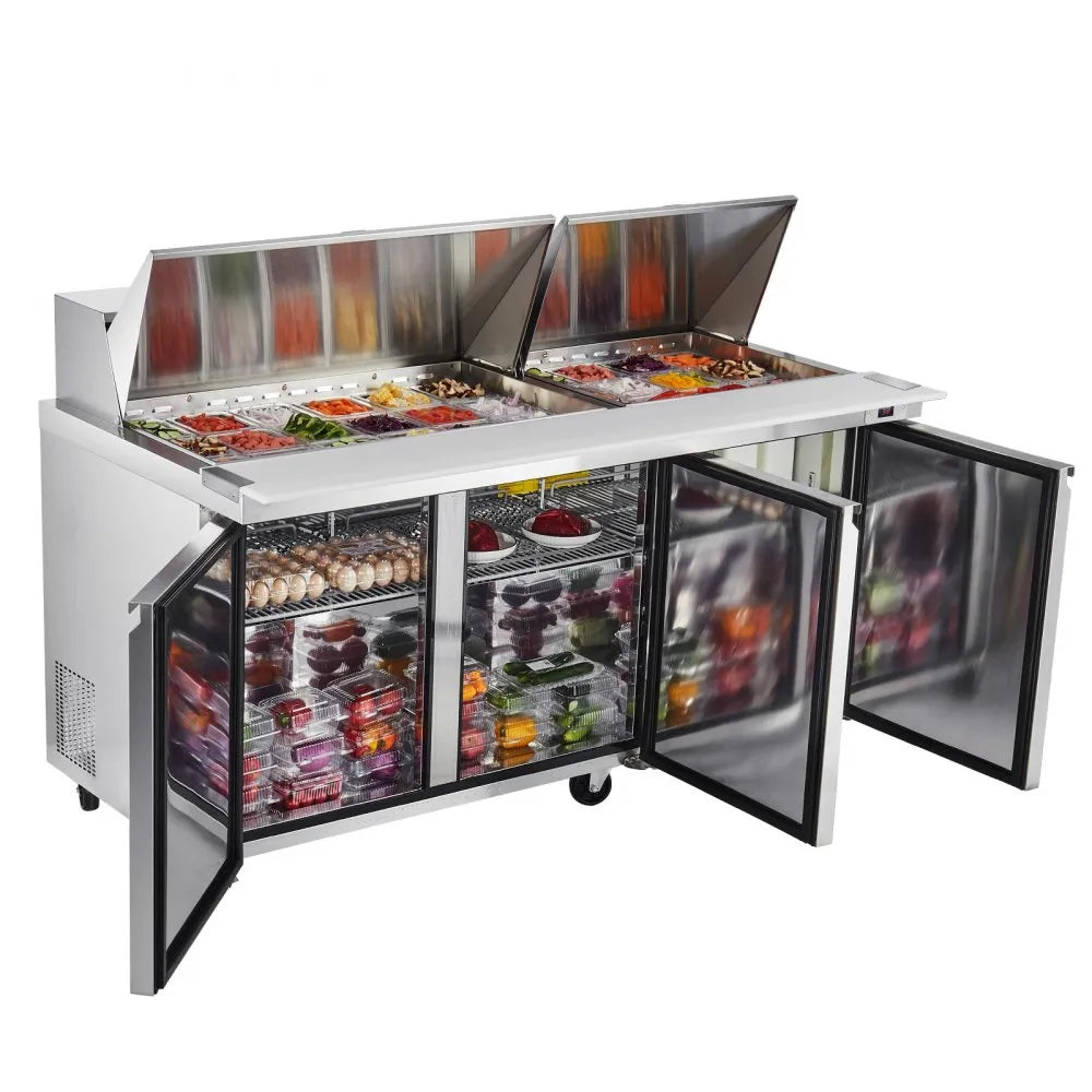 VEVOR 72"W Commercial Refrigerator, 18.7 Cu. Ft Sandwich Prep Refrigerated Table, Mega Top Food Prep Fridge with 30 Pans and Cutting Board, Stainless Steel Salad Prep Cooler for Restaurant, Food Truck 