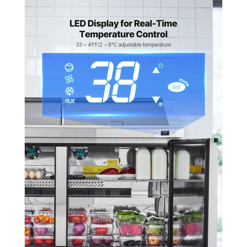 VEVOR 60"W Commercial Refrigerator, 15.4 Cu. Ft Sandwich Prep Refrigerated Table, Mega Top Food Prep Fridge with 24 Pans and Cutting Board, Stainless Steel Salad Prep Cooler for Restaurant, Food Truck 