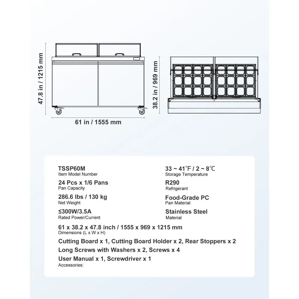 VEVOR 60"W Commercial Refrigerator, 15.4 Cu. Ft Sandwich Prep Refrigerated Table, Mega Top Food Prep Fridge with 24 Pans and Cutting Board, Stainless Steel Salad Prep Cooler for Restaurant, Food Truck 