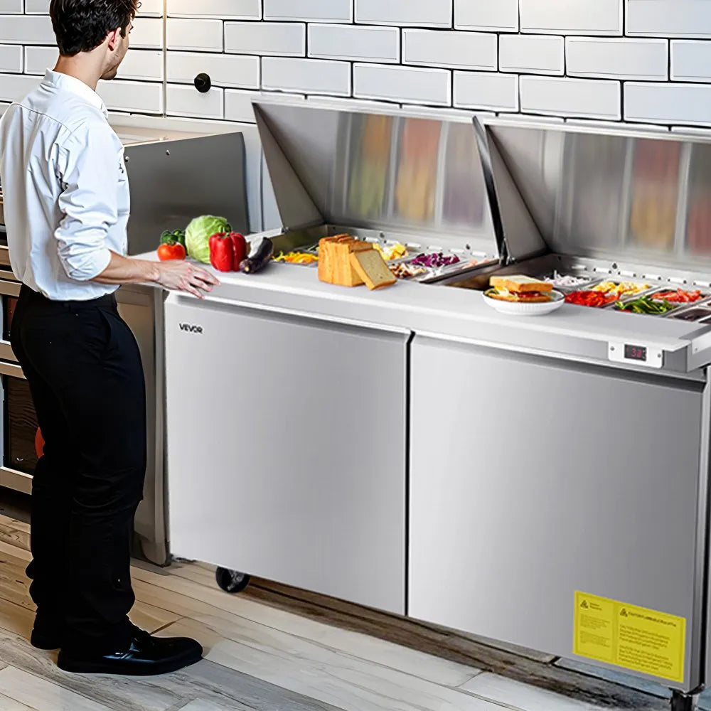 VEVOR 60"W Commercial Refrigerator, 15.4 Cu. Ft Sandwich Prep Refrigerated Table, Mega Top Food Prep Fridge with 24 Pans and Cutting Board, Stainless Steel Salad Prep Cooler for Restaurant, Food Truck 