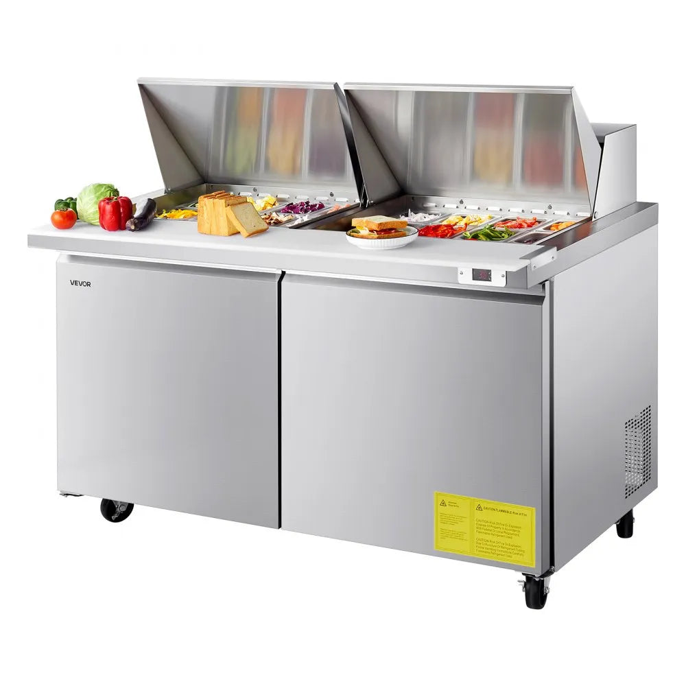 VEVOR 60"W Commercial Refrigerator, 15.4 Cu. Ft Sandwich Prep Refrigerated Table, Mega Top Food Prep Fridge with 24 Pans and Cutting Board, Stainless Steel Salad Prep Cooler for Restaurant, Food Truck 