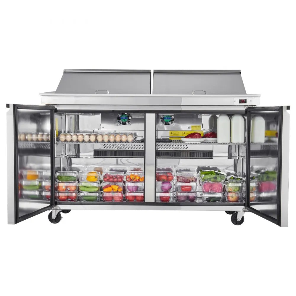 VEVOR 60"W Commercial Refrigerator, 15.4 Cu. Ft Sandwich Prep Refrigerated Table, Mega Top Food Prep Fridge with 24 Pans and Cutting Board, Stainless Steel Salad Prep Cooler for Restaurant, Food Truck 