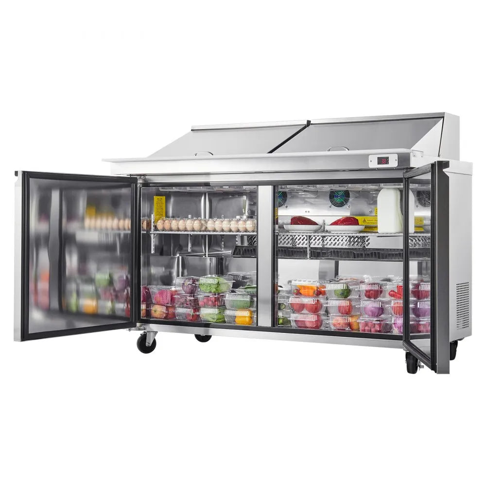 VEVOR 60"W Commercial Refrigerator, 15.4 Cu. Ft Sandwich Prep Refrigerated Table, Mega Top Food Prep Fridge with 24 Pans and Cutting Board, Stainless Steel Salad Prep Cooler for Restaurant, Food Truck 