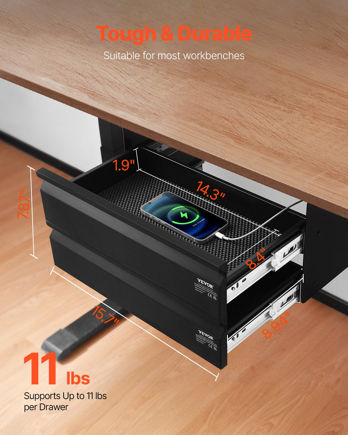 VEVOR 2 Drawer 16" Under Desk Drawer Organizer Slide-out Drawer Space Saver Home 