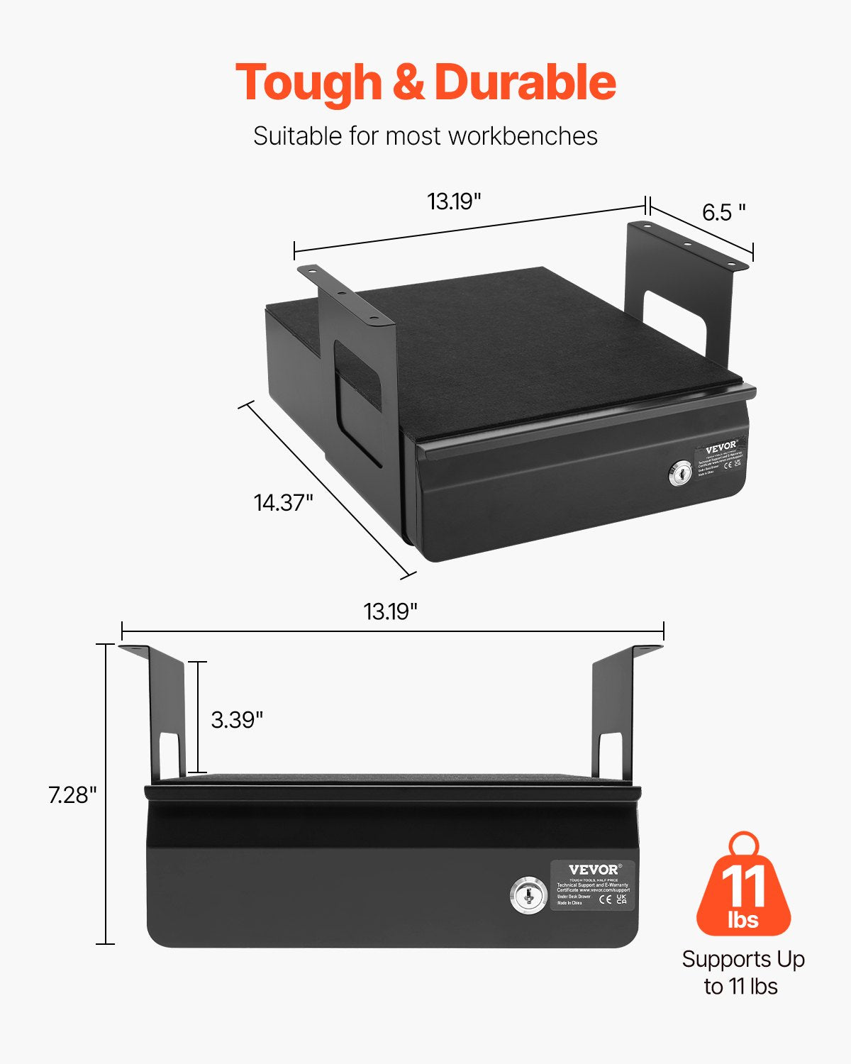 VEVOR 13" Lockable Under Desk Drawer Organizer Slide-out Drawer for Home Office 
