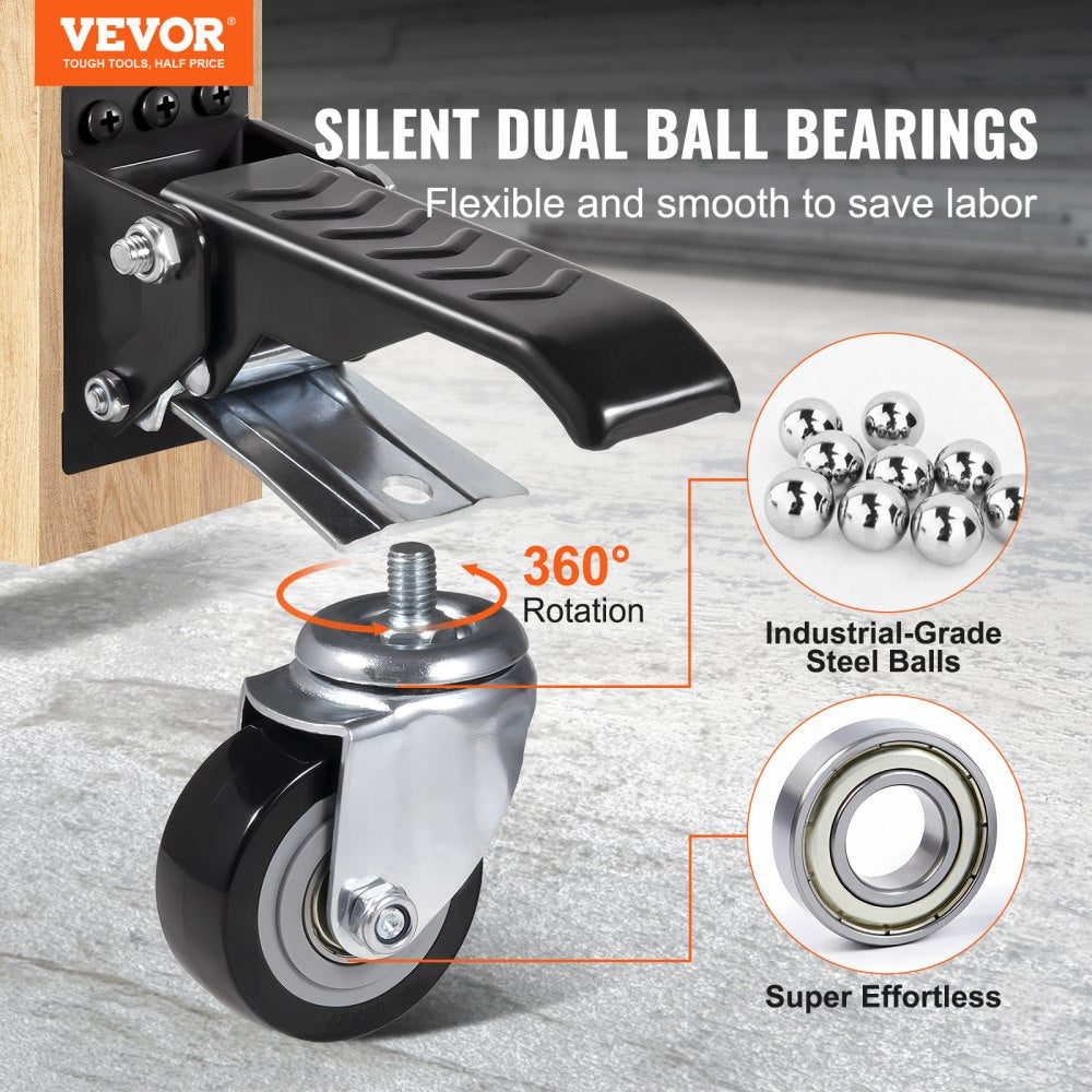 VEVOR Workbench Caster Wheels, 165 lbs Load Capacity, Set of 4, 2.5" Heavy Duty Retractable Casters, Side Mounted Adjustable Stepdown Wheels with 360° Swivel for Workbenches, Tables, and Equipment 