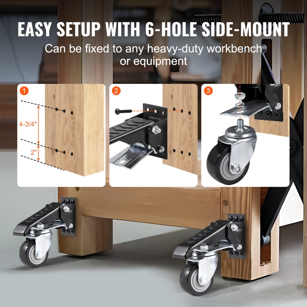 VEVOR Workbench Caster Wheels, 165 lbs Load Capacity, Set of 4, 2.5" Heavy Duty Retractable Casters, Side Mounted Adjustable Stepdown Wheels with 360° Swivel for Workbenches, Tables, and Equipment 