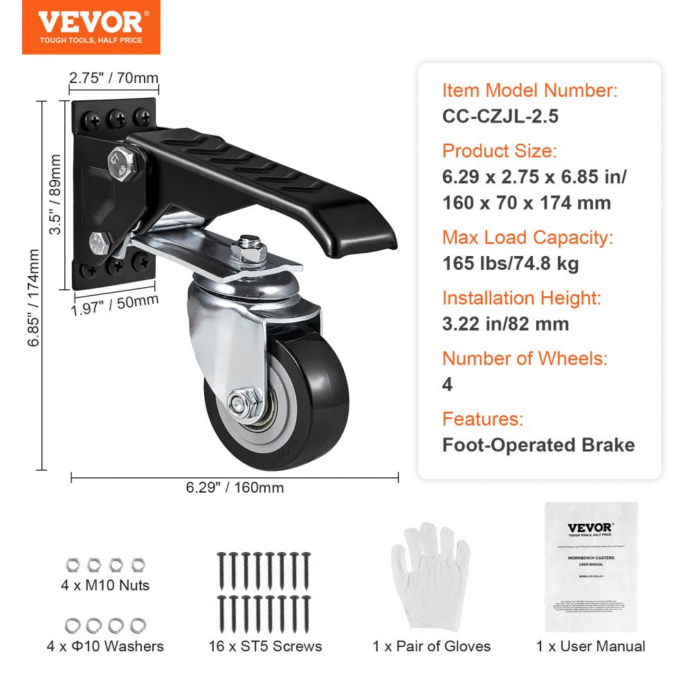 VEVOR Workbench Caster Wheels, 165 lbs Load Capacity, Set of 4, 2.5" Heavy Duty Retractable Casters, Side Mounted Adjustable Stepdown Wheels with 360° Swivel for Workbenches, Tables, and Equipment 