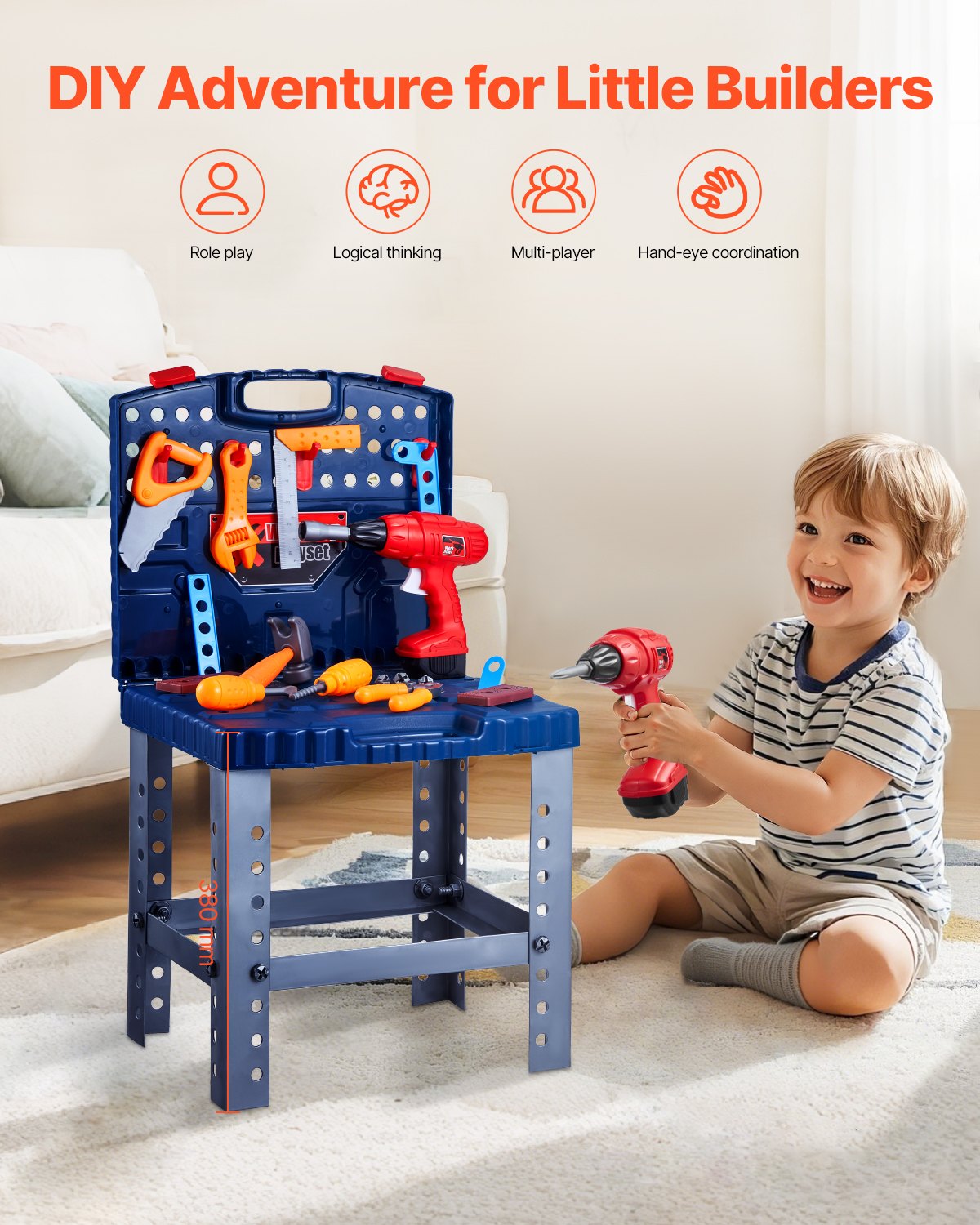VEVOR Kids Workbench 56 pcs Tool Bench with Realistic Tools and Electric Drill 