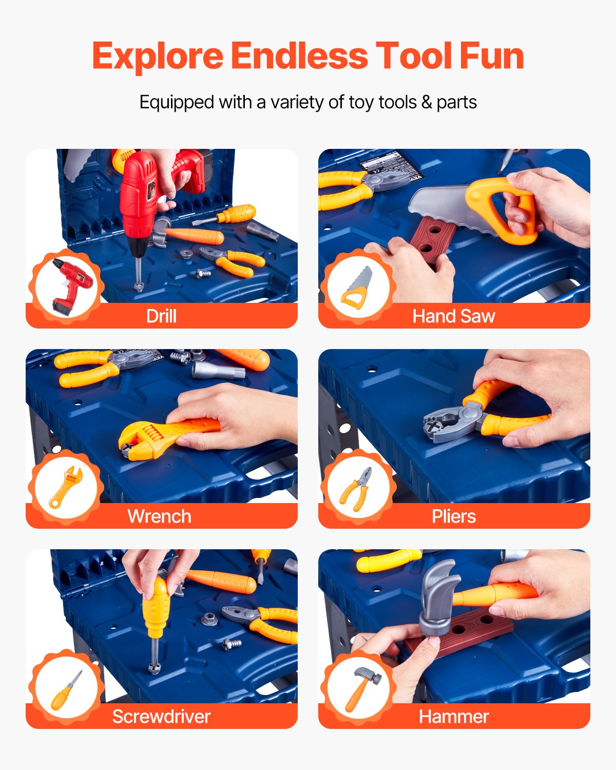 VEVOR Kids Workbench 56 pcs Tool Bench with Realistic Tools and Electric Drill 