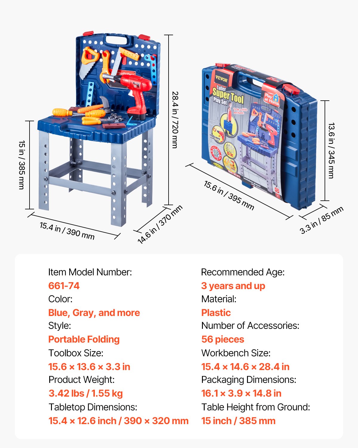 VEVOR Kids Workbench 56 pcs Tool Bench with Realistic Tools and Electric Drill 
