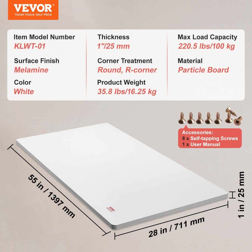 VEVOR Table Top, 55" x 28" x 1", 220.5 lbs Load Capacity, Universal One-Piece Particle Board Desktop for Height Adjustable Electric Standing Desk Frame, Rectangular Countertop for Home and Office Desk 
