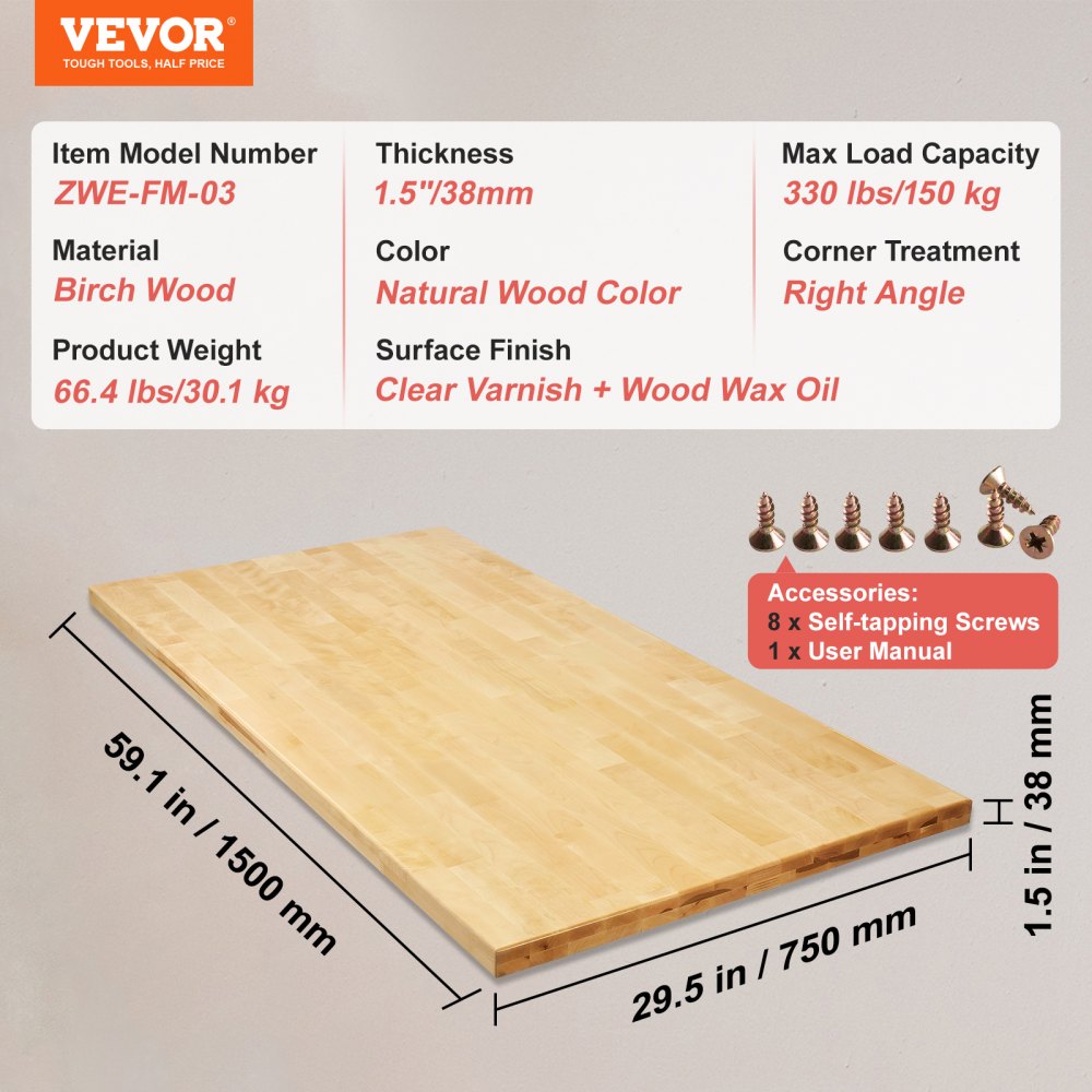 VEVOR Wood Table Top, 59.1" x 29.5" x 1.5", 330lb Load Capacity, Universal Solid One-Piece Maple Wood Desktop for Height Adjustable Electric Standing Desk Frame, Rectangular Countertop for Home Office 