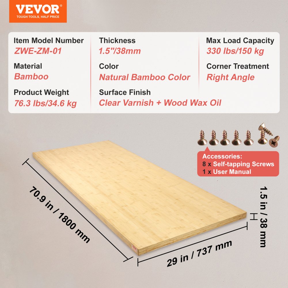 VEVOR Bamboo Table Top, 70.9" x 29" x 1.5", 330 lbs Load Capacity, Universal Solid One-Piece Bamboo Desktop for Height Adjustable Electric Standing Desk Frame, Rectangular Countertop for Home & Office 